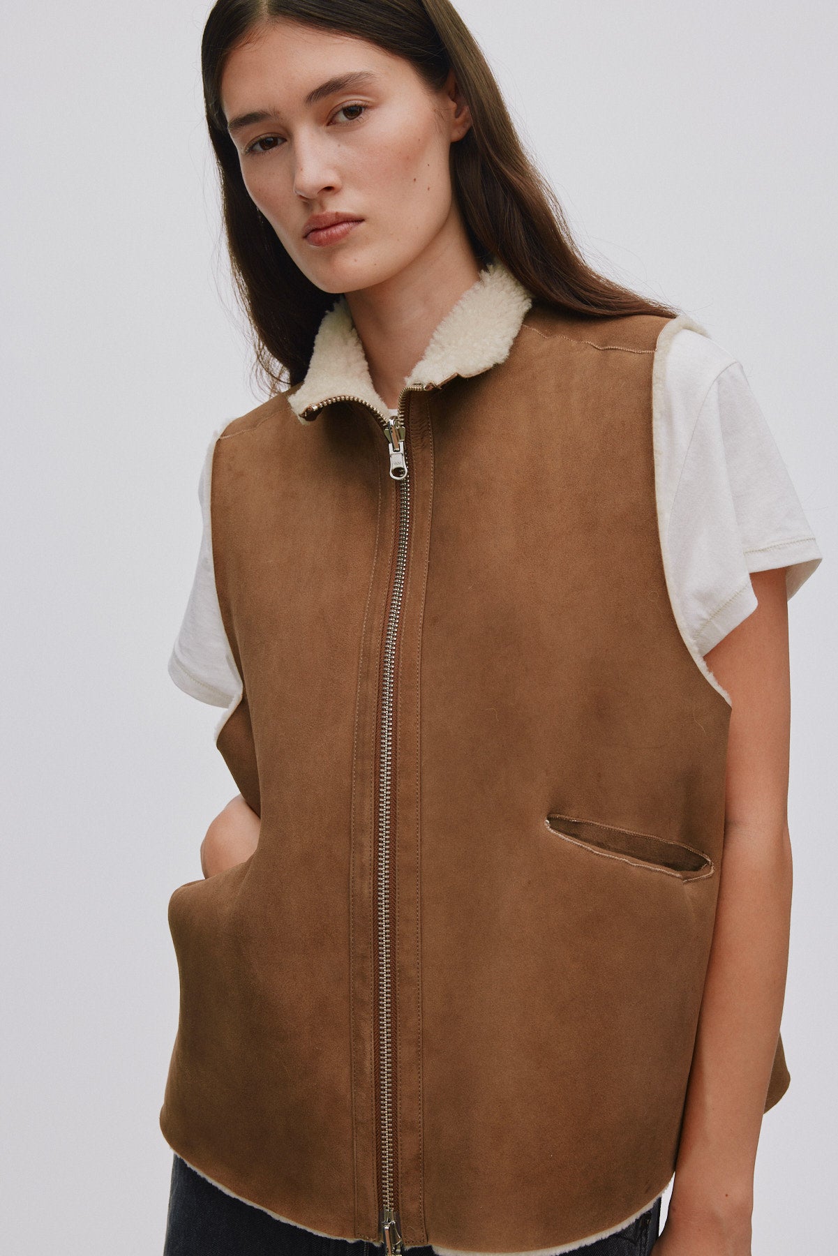 Channe - Shearling vest I Dark brown natural combo