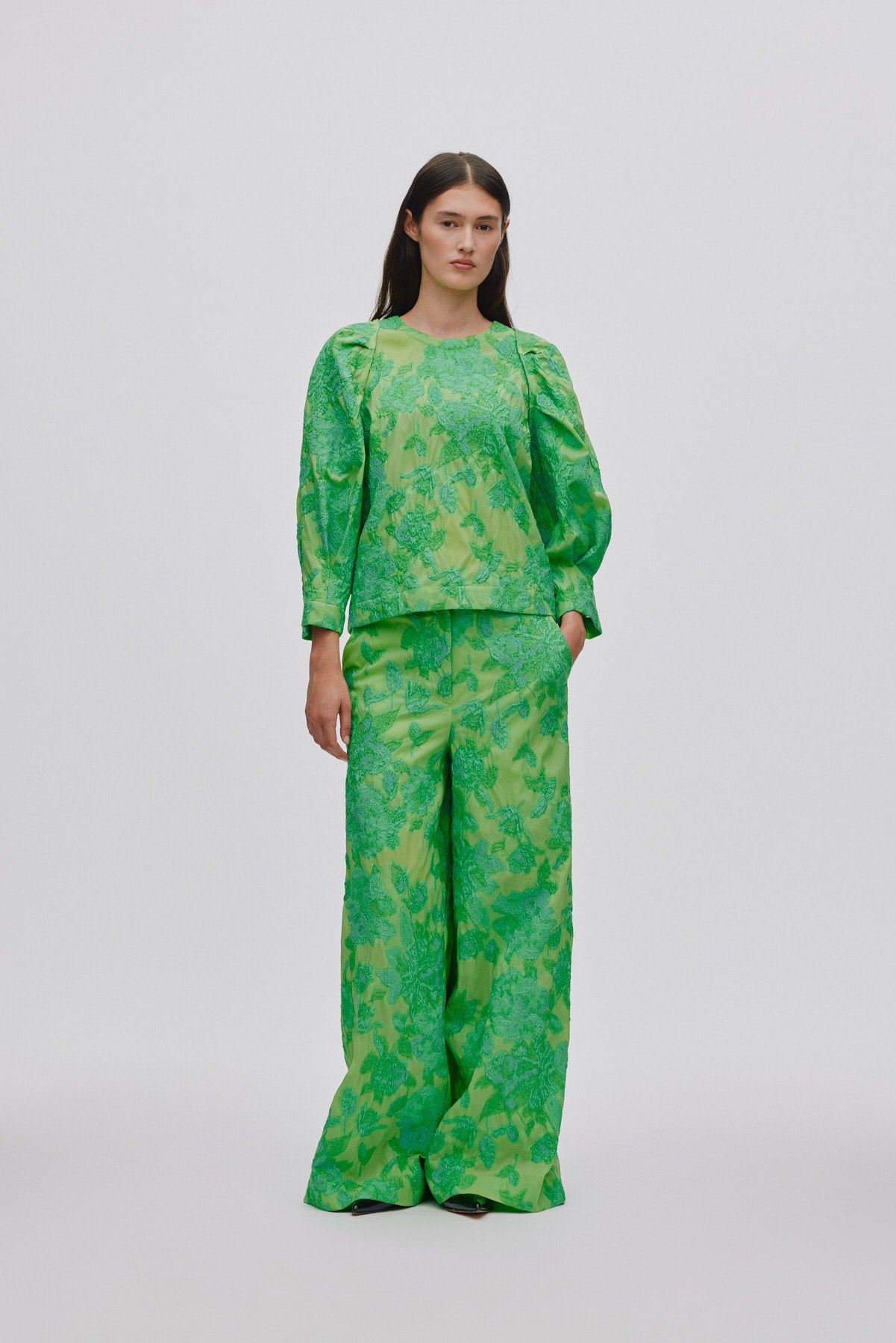Cass - Clipped jacquard wide leg pants I Viper green