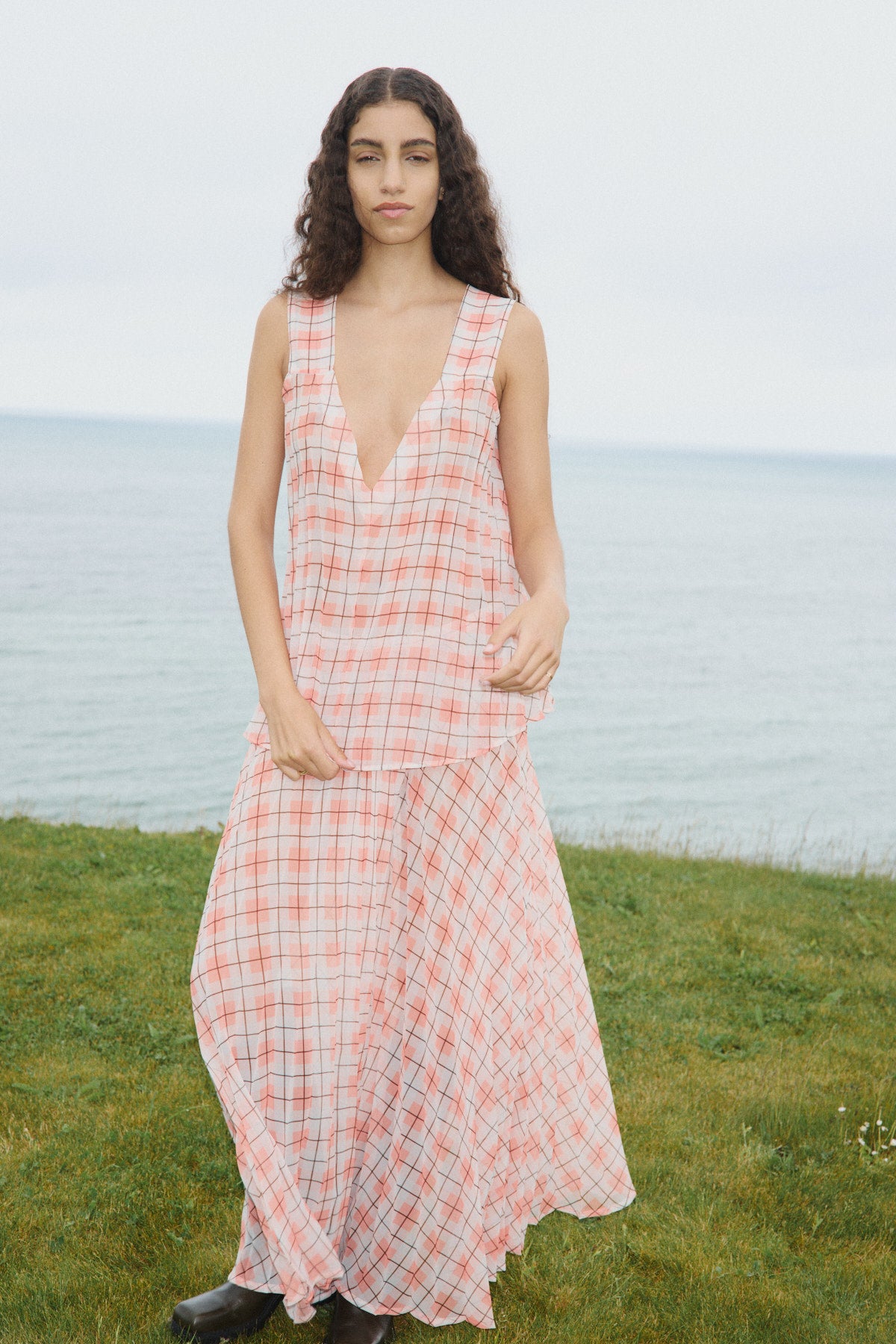 Sage - Transparent check top I Mandarin pleat