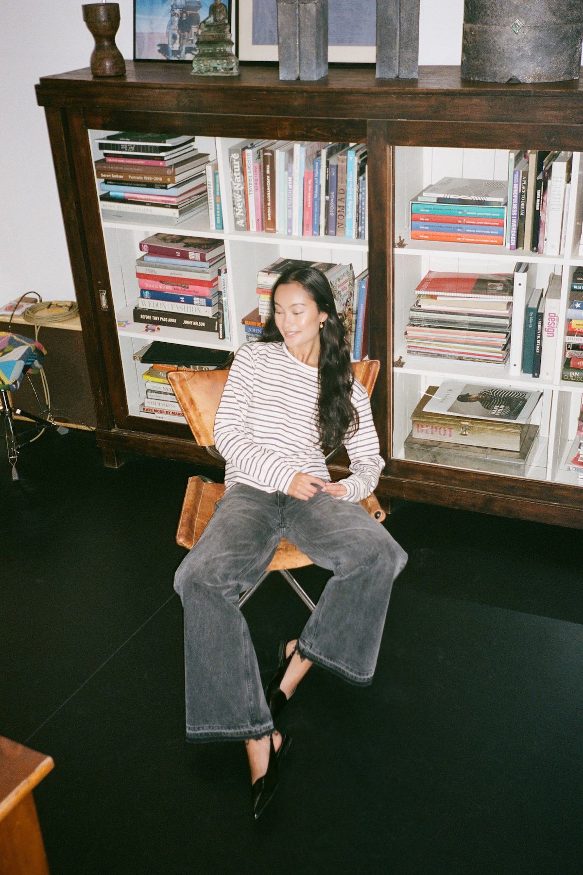 Hila - Light stretch crew neck top I Oyster navy stripe