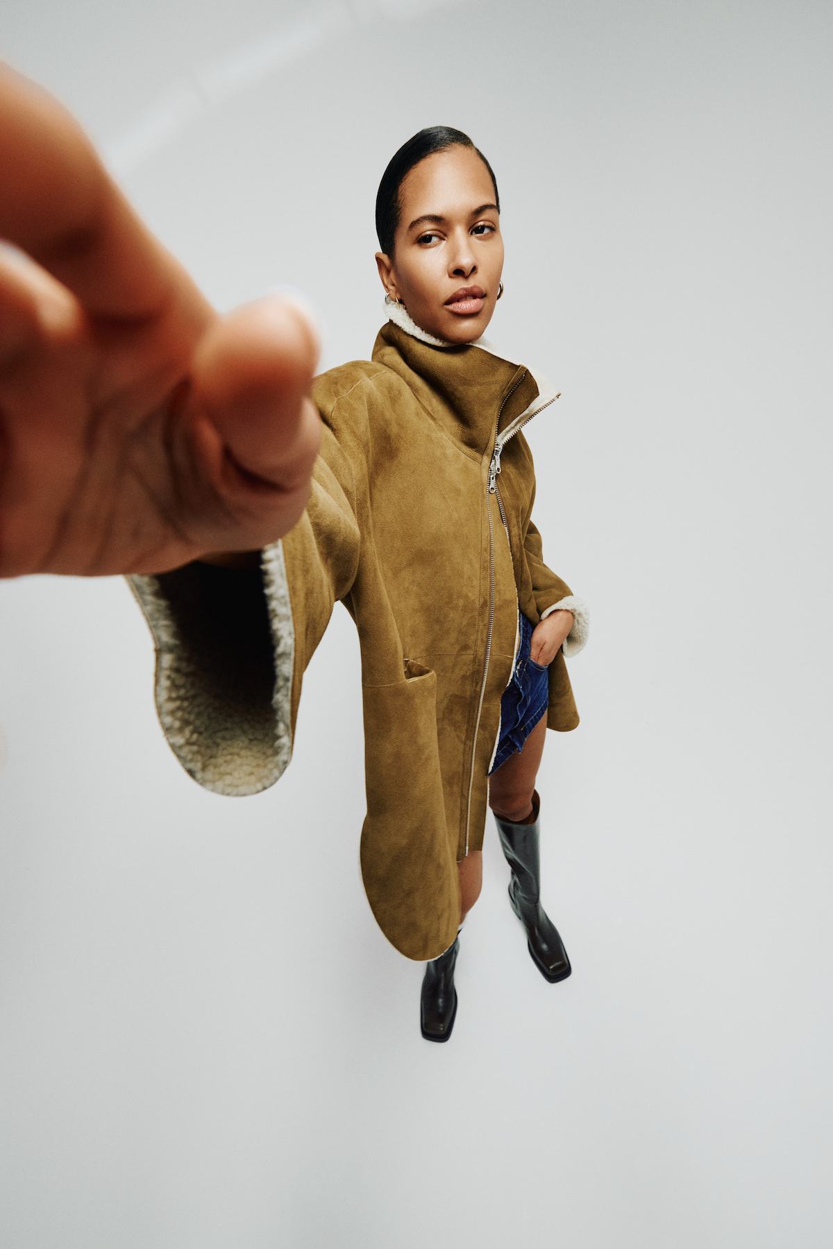 Ejsa - Shearling coat I Dark brown natural combo