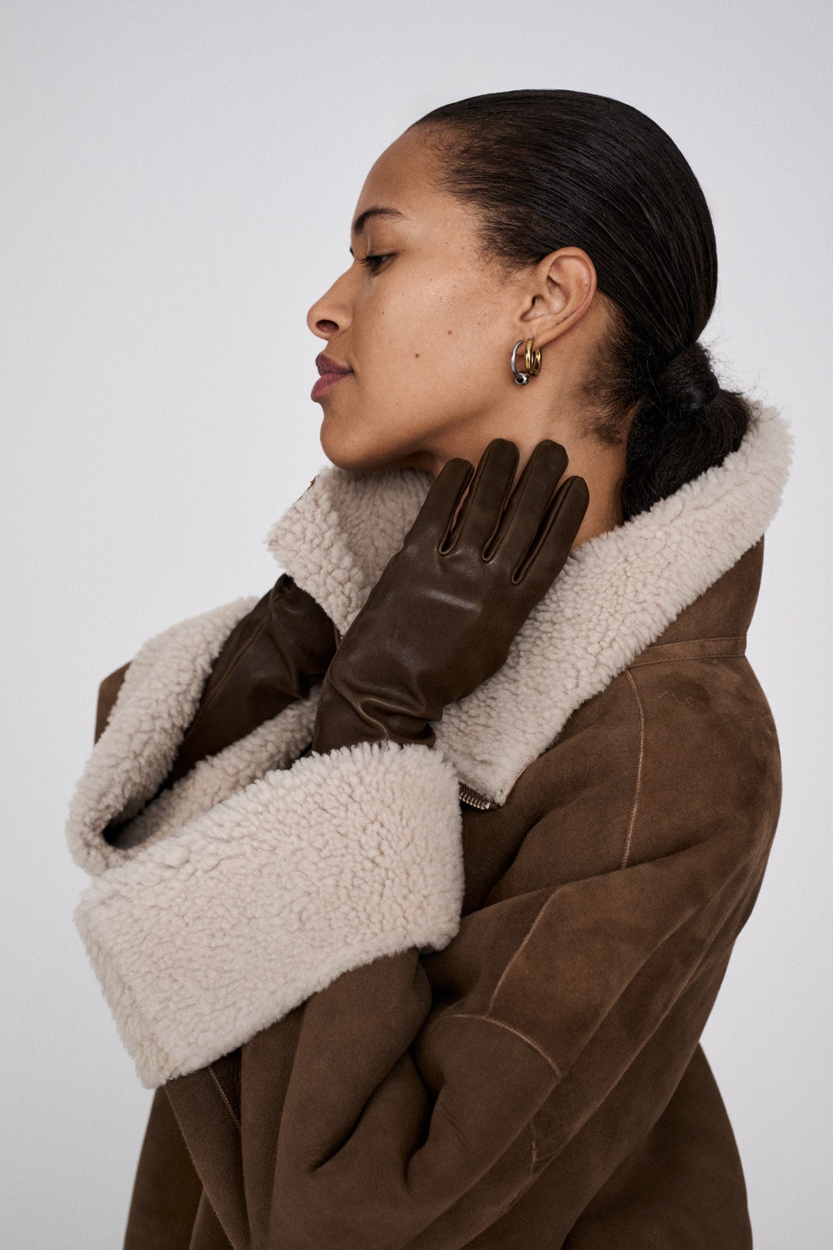 Ejsa - Shearling coat I Dark brown natural combo