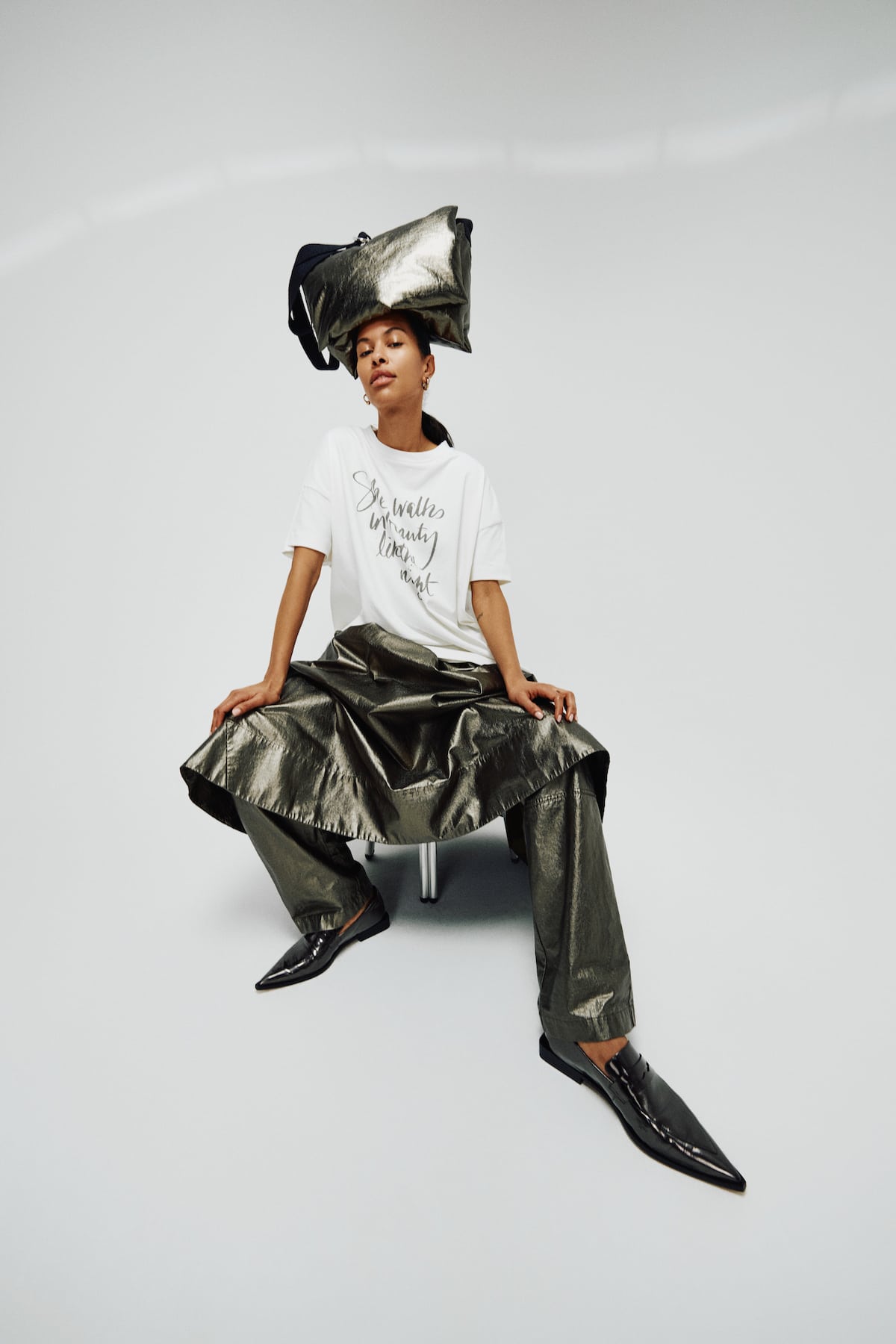 Ottavia - Foiled ripstop full skirt I Metallic olive