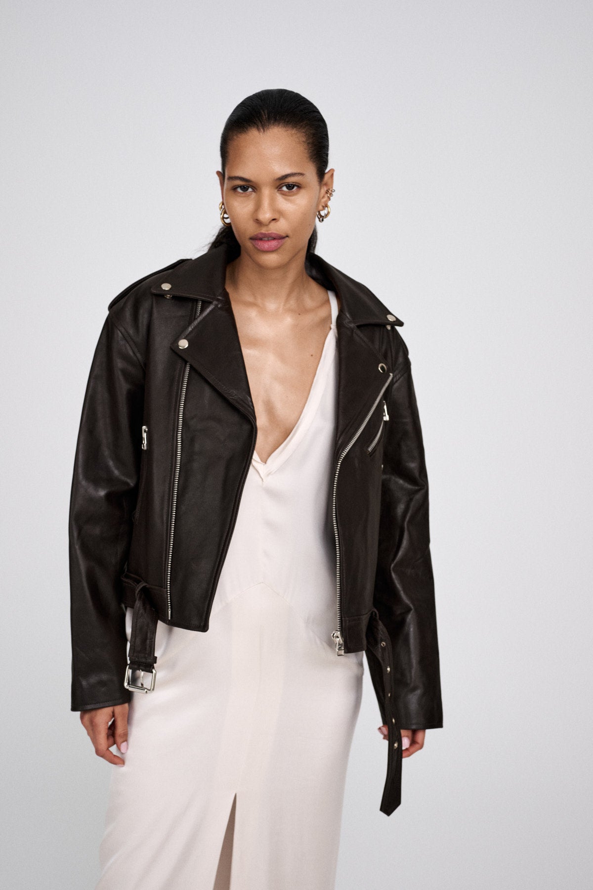 Davine - Leather biker jacket I Coffee