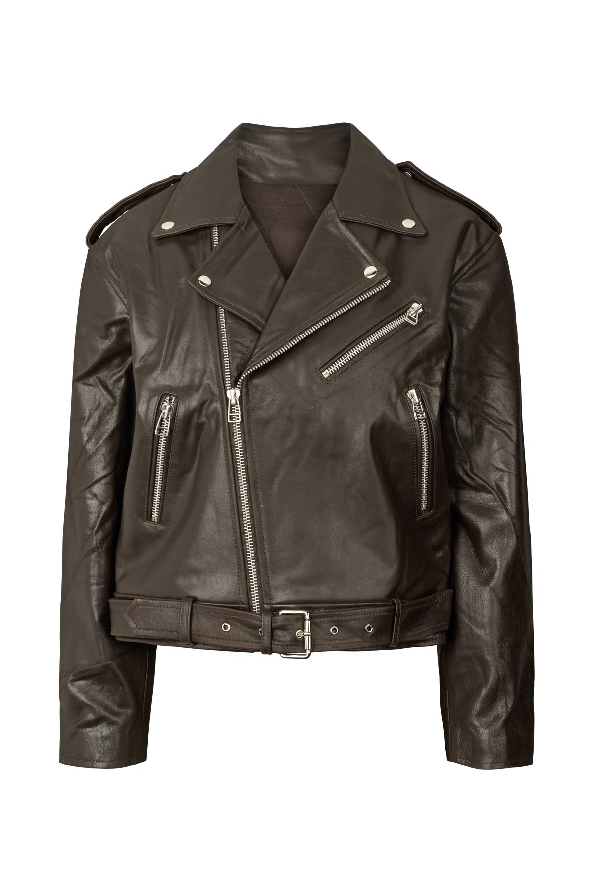 Davine - Leather biker jacket I Coffee