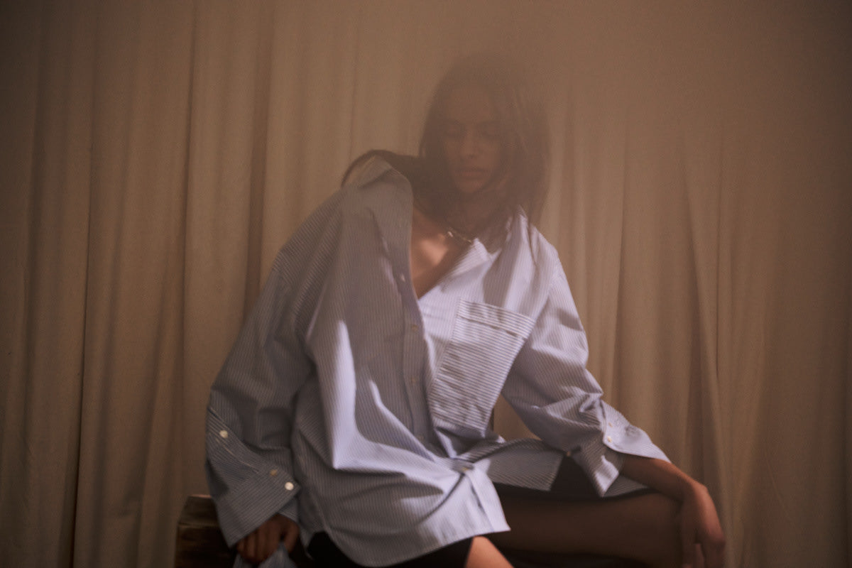 Bobbies - Quilt stripe oversize shirt I Blue white stripe