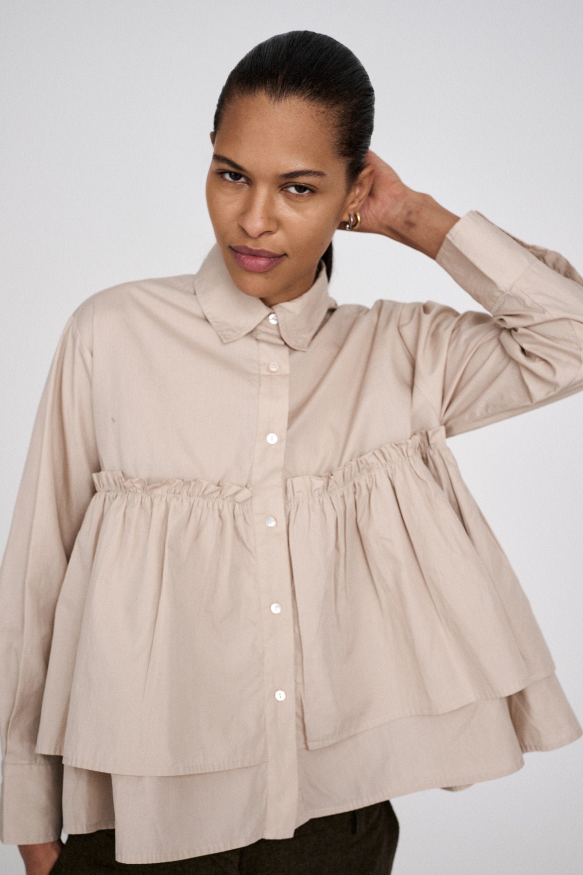 PreLoved Shaker - Poplin frill shirt I Powder - S