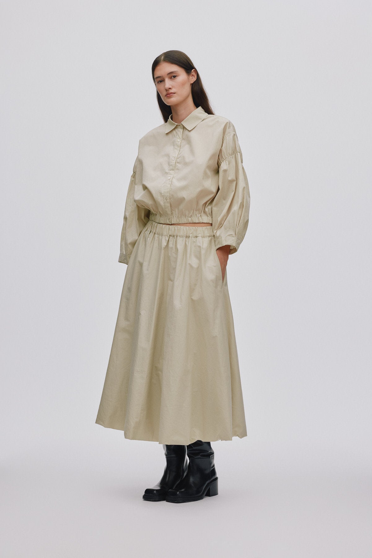 Poplin shirt box pleat sleeve - Veda I Pelican grey