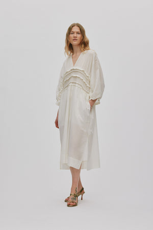 Ina - Voile frill gathered dress I Chalk