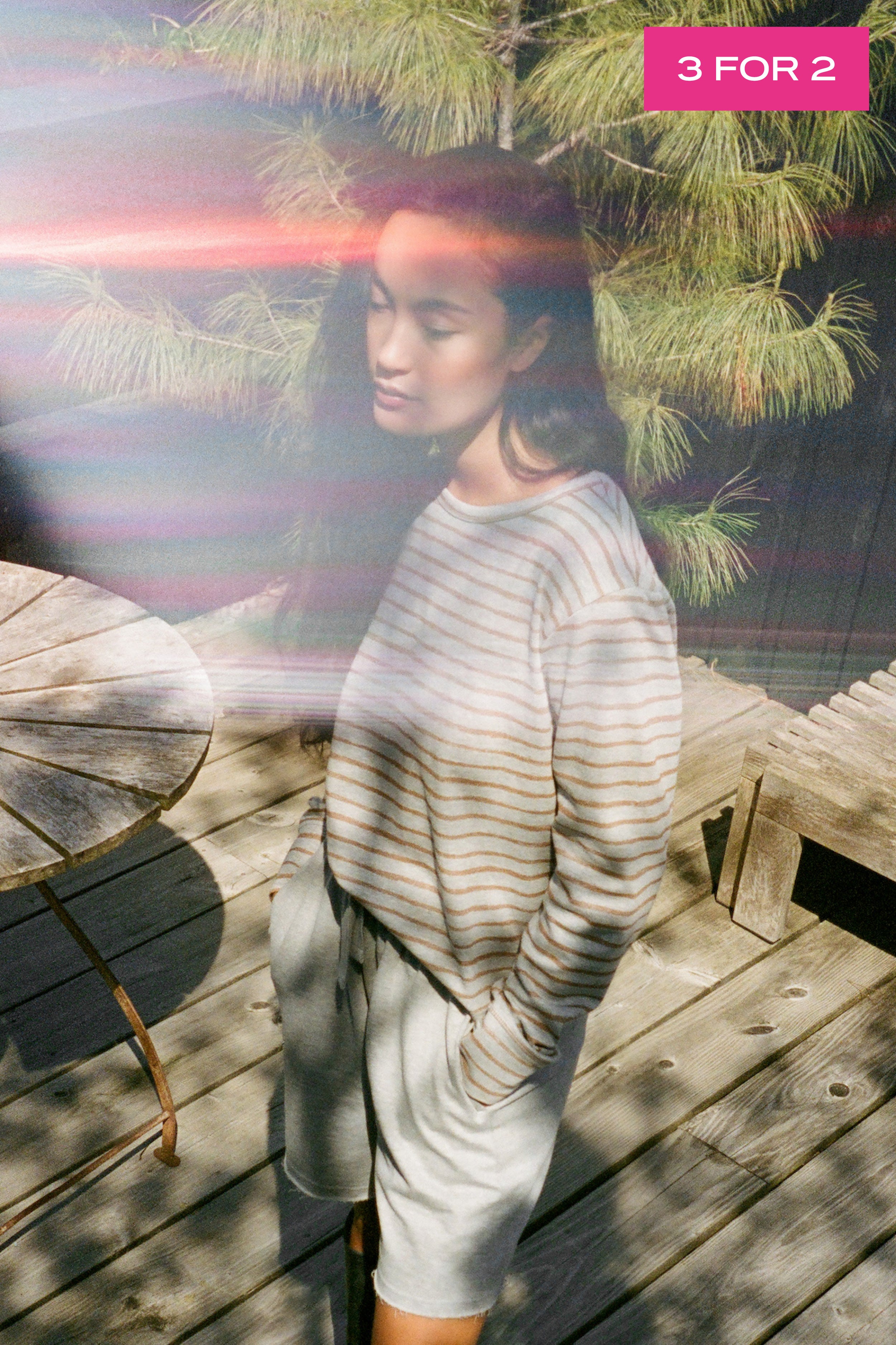 Hila - Light stretch crew neck top I Grey honey stripe