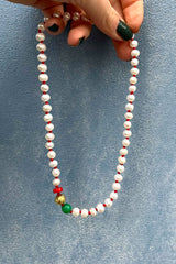 Pearl Necklace With Beads - Nafsu I Gold Beads w/ Coral and Green Onyx