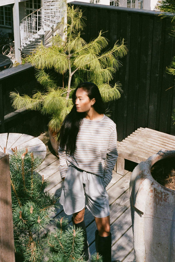 Light stretch crew neck top - Hila I Grey honey stripe