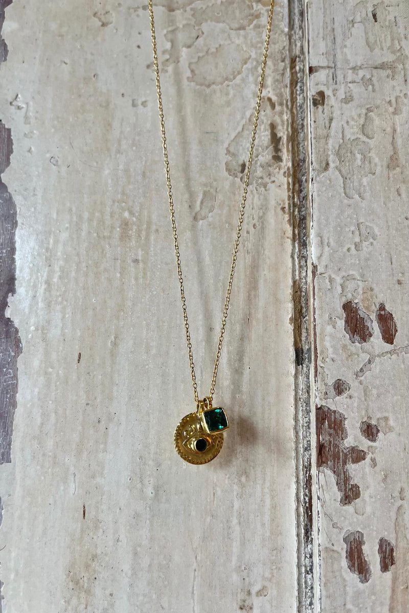 Nafsu - Gold plated Necklace w/eye and square pendant I Green combo