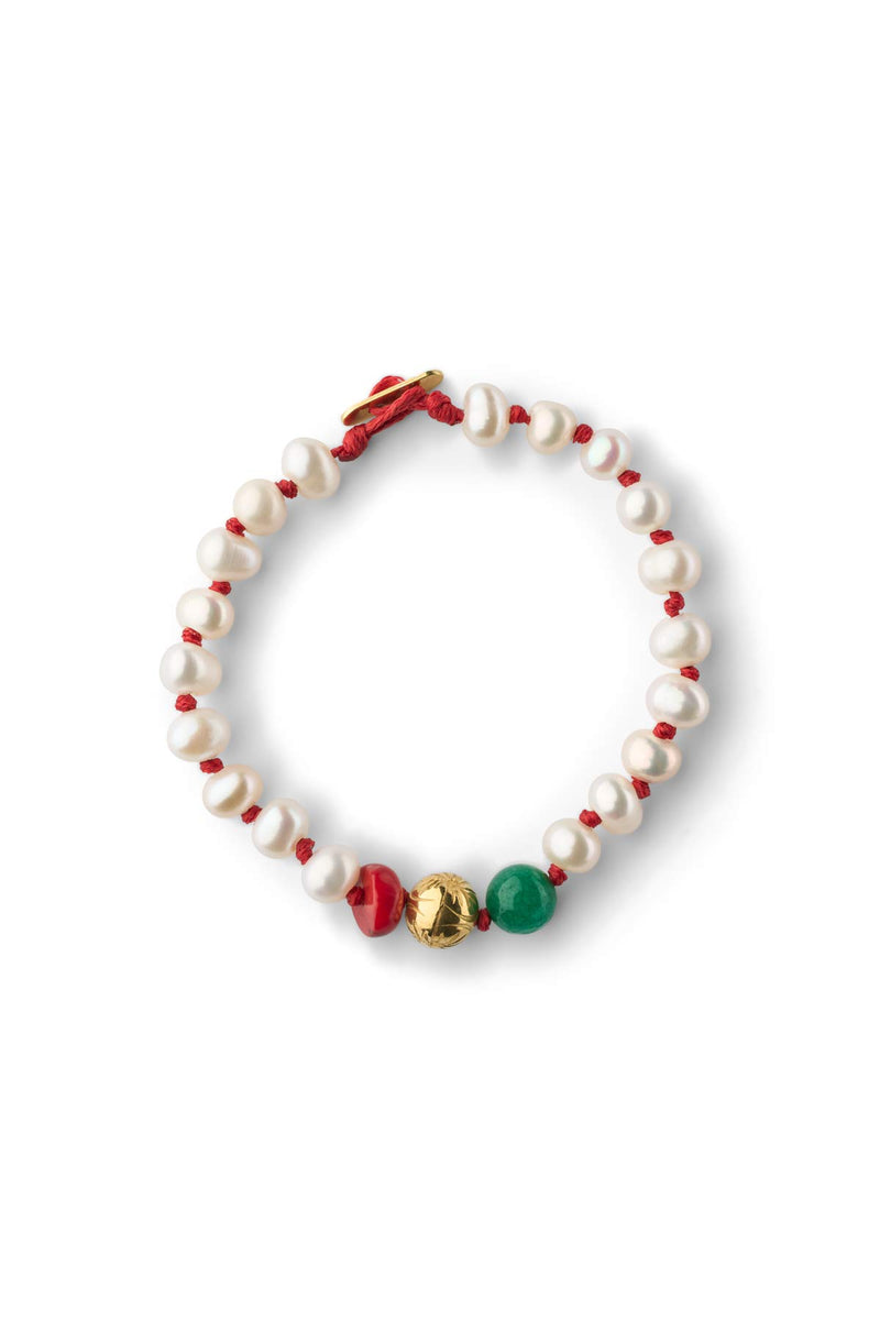 Pearl Bracelet With Beads - Nafsu I Gold Beads w/ Coral And Green Onyx