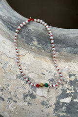 Pearl Necklace With Beads - Nafsu I Gold Beads w/ Coral and Green Onyx