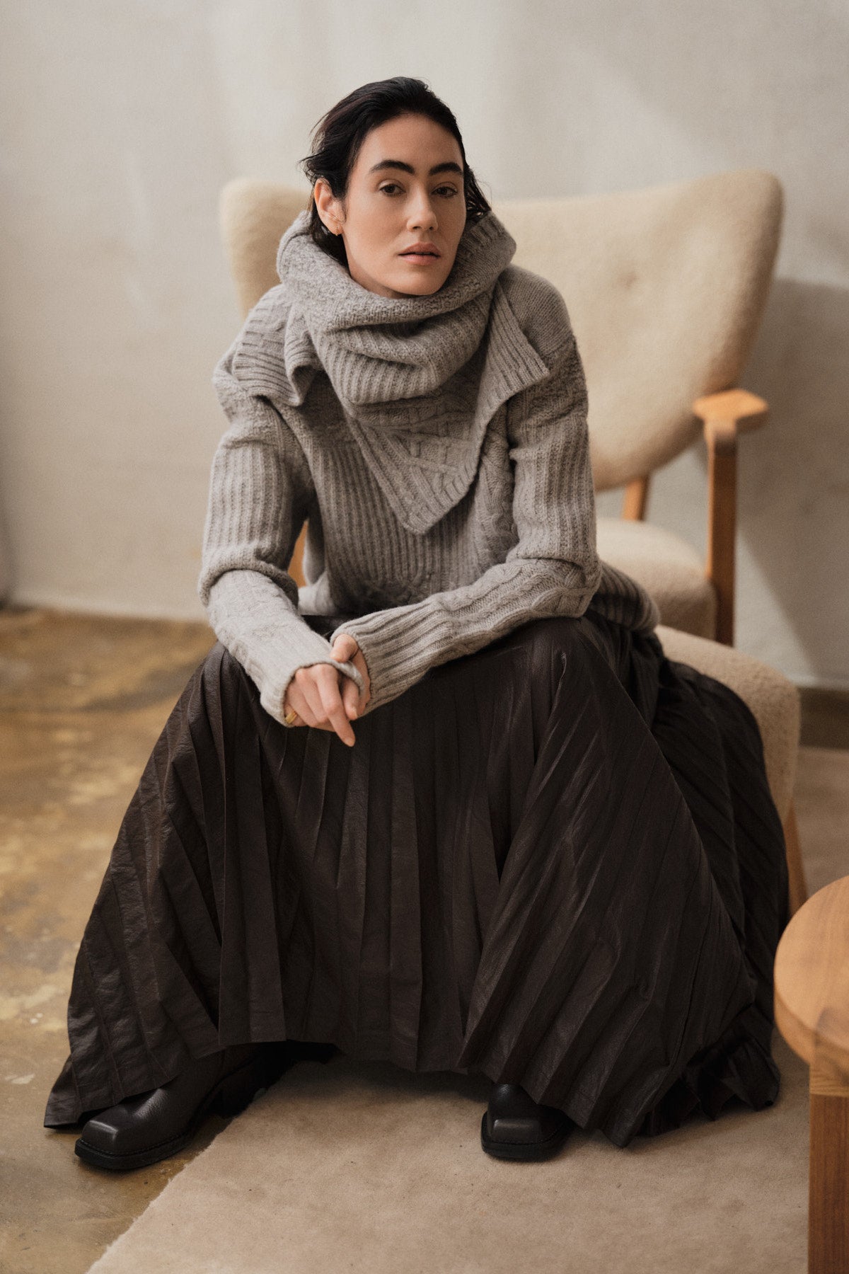 Tamy - Patchwork knit neck warmer I Light grey melange