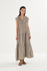 Lorita - Cotton tiered long dress I Pearl grey