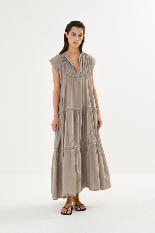 Lorita - Cotton tiered long dress I Pearl grey