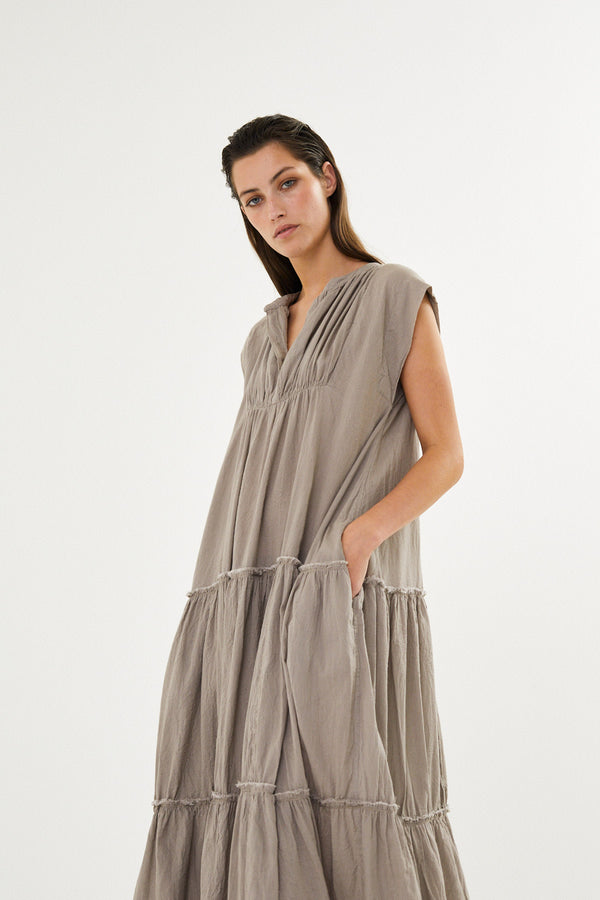 Lorita - Cotton tiered long dress I Pearl grey