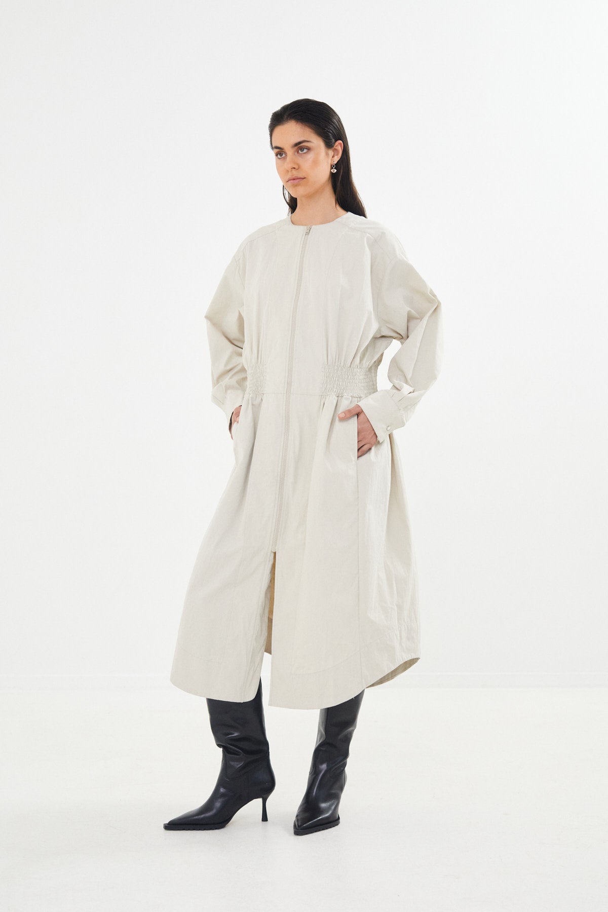 Poplin heavy zip front dress - Mirell I Oyster