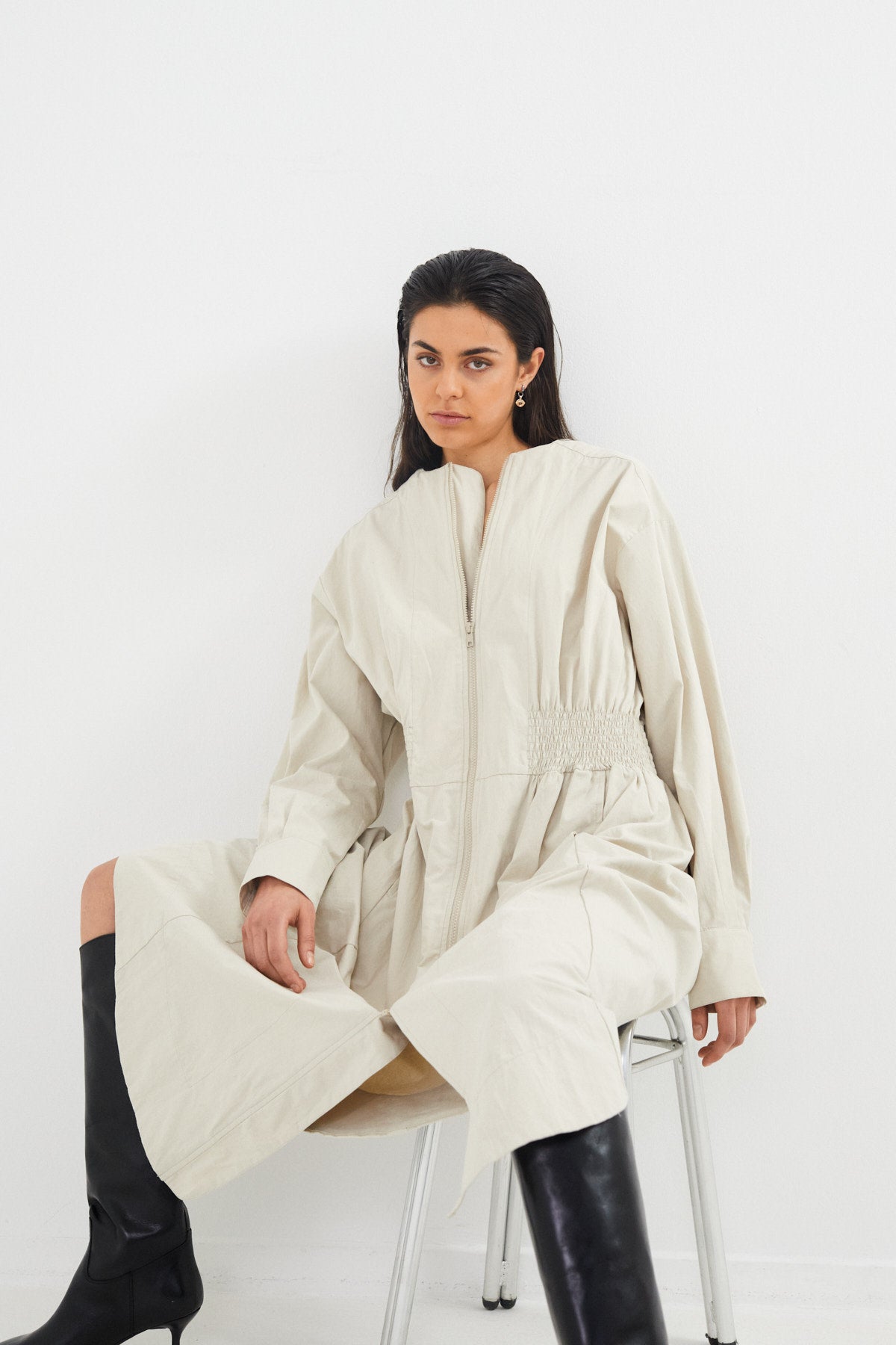 Poplin heavy zip front dress - Mirell I Oyster