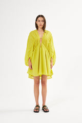 Corrina - Cotton voile deep V-neck dress I Acid yellow