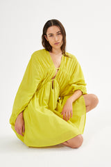 Corrina - Cotton voile deep V-neck dress I Acid yellow