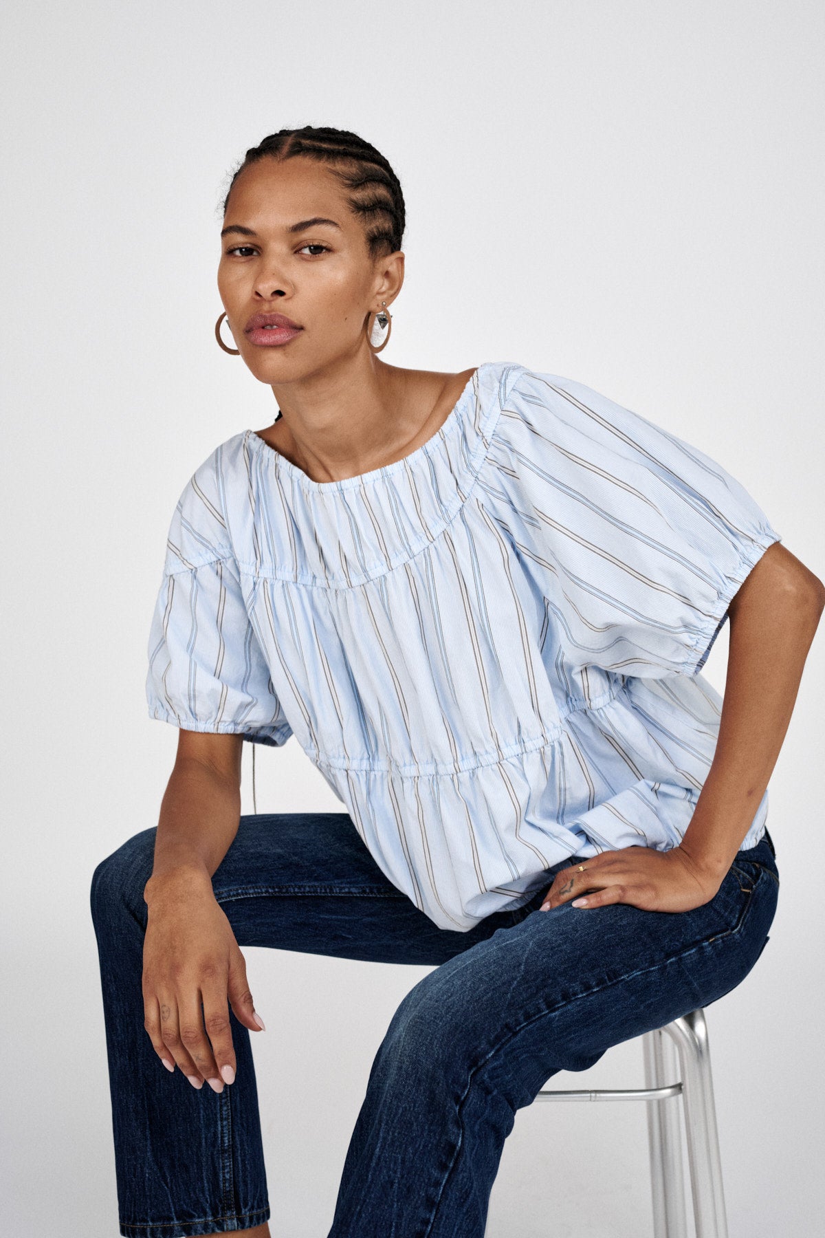 Lotte - Reverse stripe elasticated top I Blue pyjama stripe