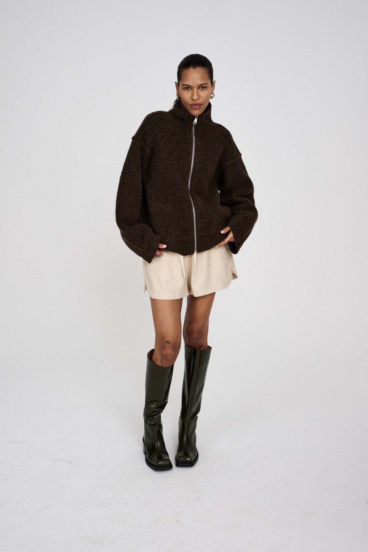 Sigal - Sheep knit high collar jacket I Dark brown