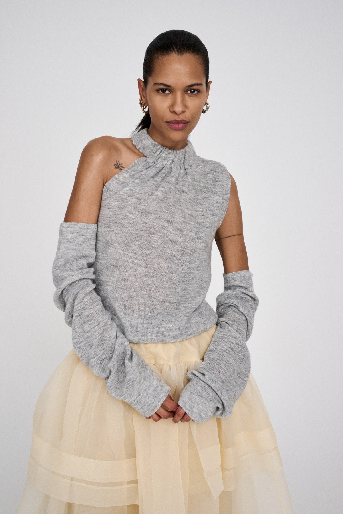 Celina - Waffled knit one shoulder top I Grey melange