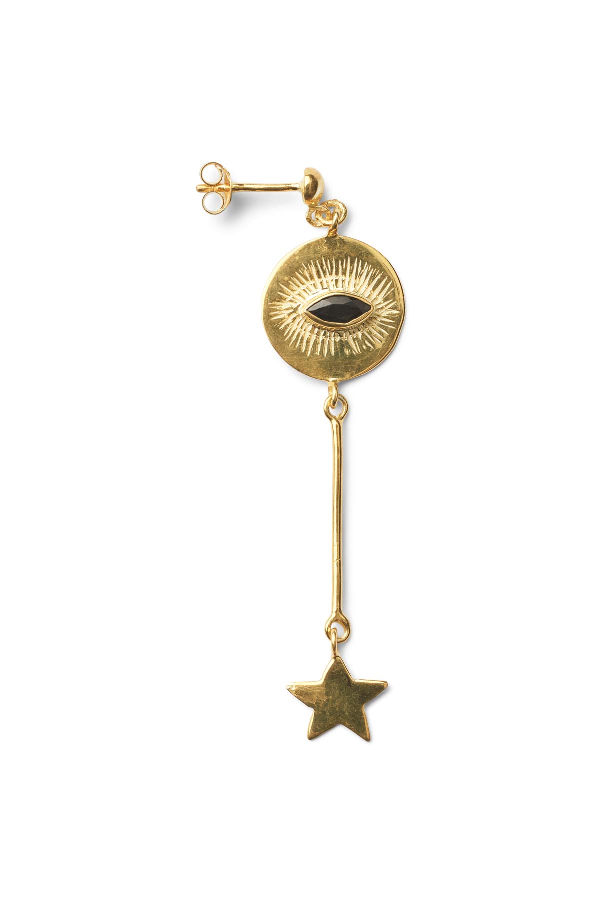 Nafsu - Long Gold plated eye earstick w/star pendant I Black Sapphire